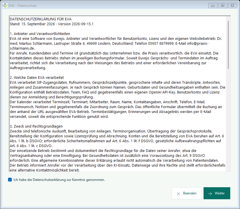Datenschutzhinweis der Windows-App beim ersten Start (Build 28).