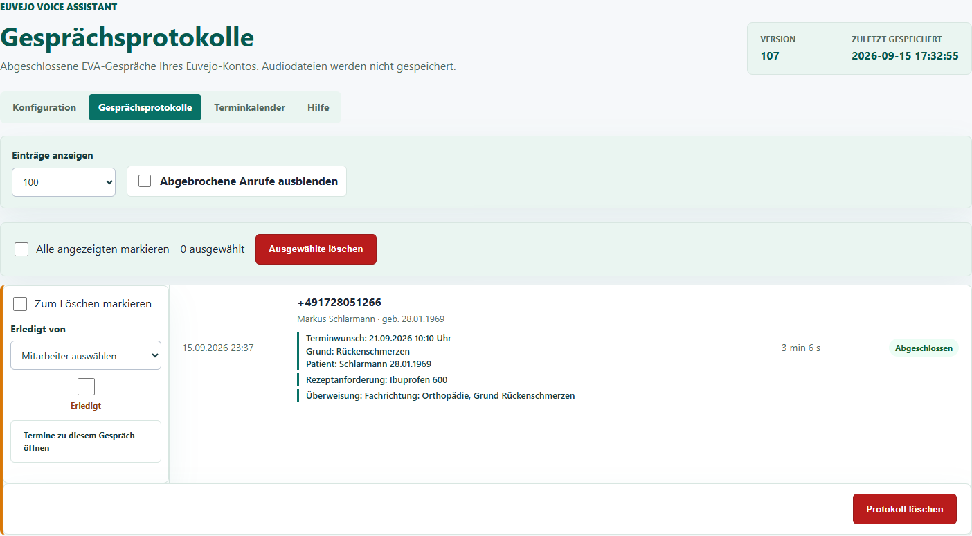 Gesprächsübersicht mit Mitarbeiterzuordnung, Erledigt-Checkbox und Kalenderverknüpfung.