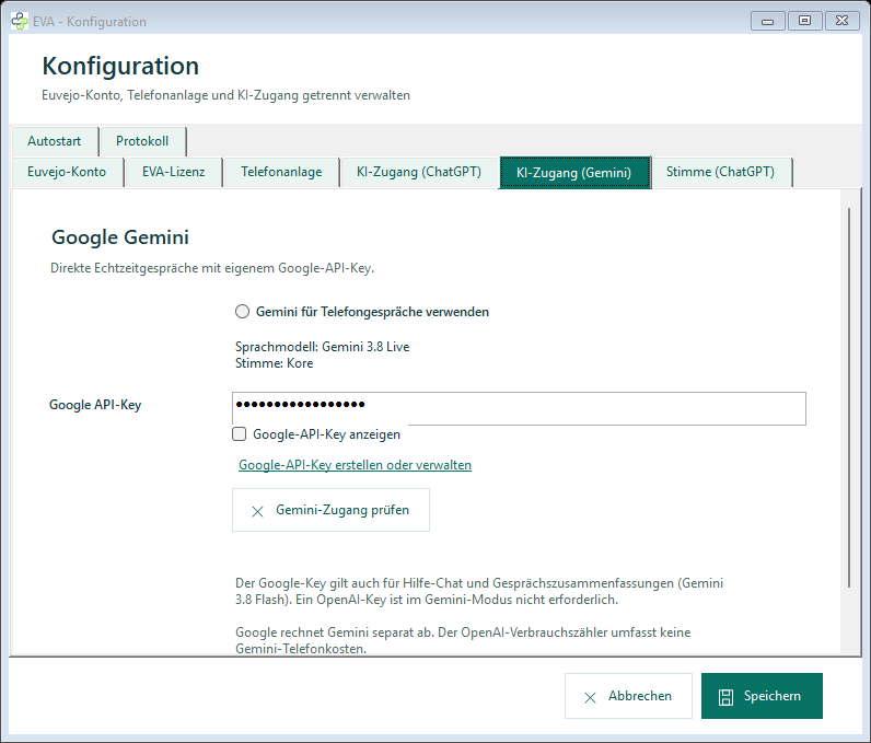 EVA: Konfiguration des eigenen Google-Keys für Gemini