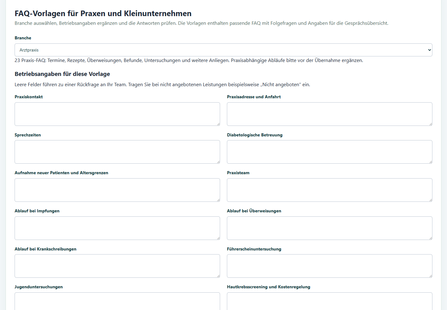 FAQ-Vorlagen: Branche auswählen, Vorschau prüfen und Vorlage übernehmen.